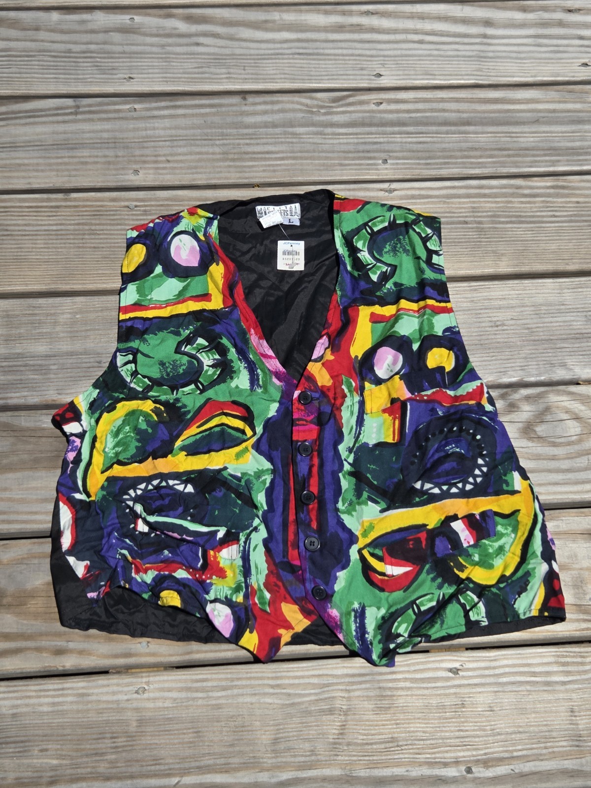 🎨Vintage 90s City Streets Abstract Face Rayon Vest L NWT JC Penney Art To Wear