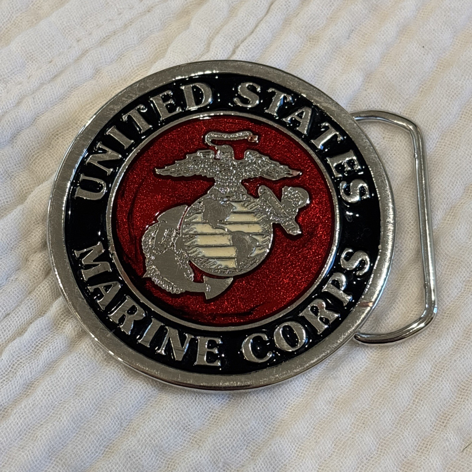Vintage United State Marine Corp Round Western Belt Buckle #2259 Heavy NWOT Red