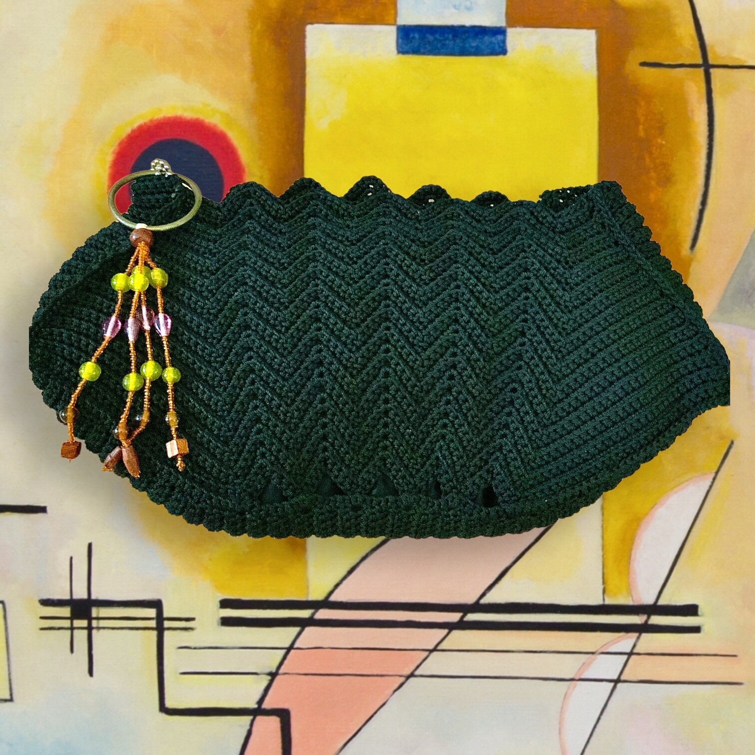 Vintage Black 1930s Original Handemade Jute Clutch With Glass Fob
