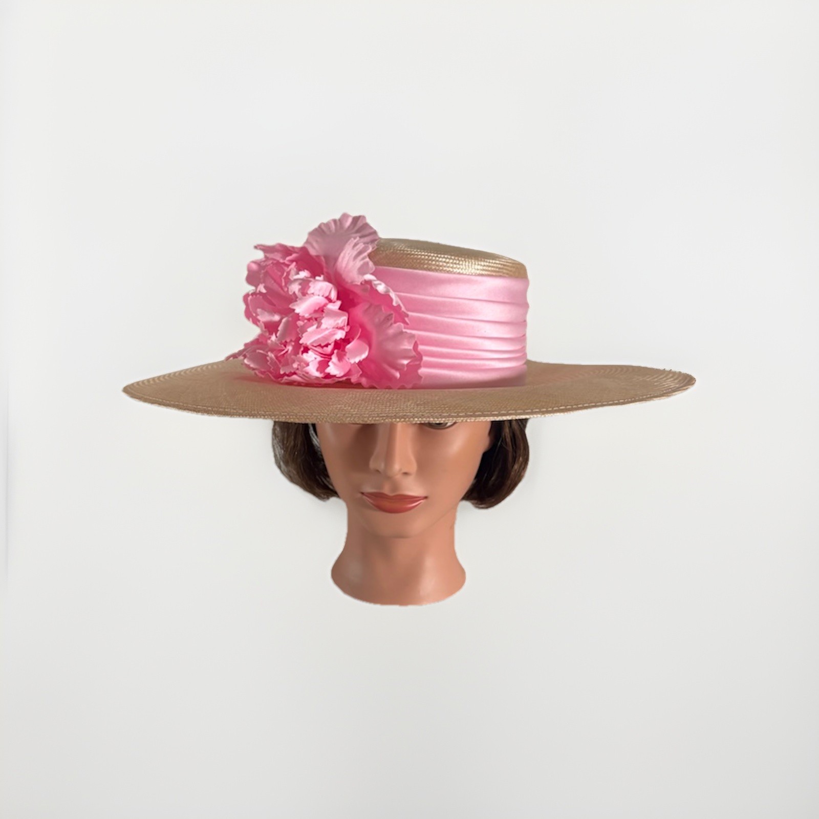 Oscar de la Renta Pink Flower Wide Brim VTG Straw HAT MILLERNY