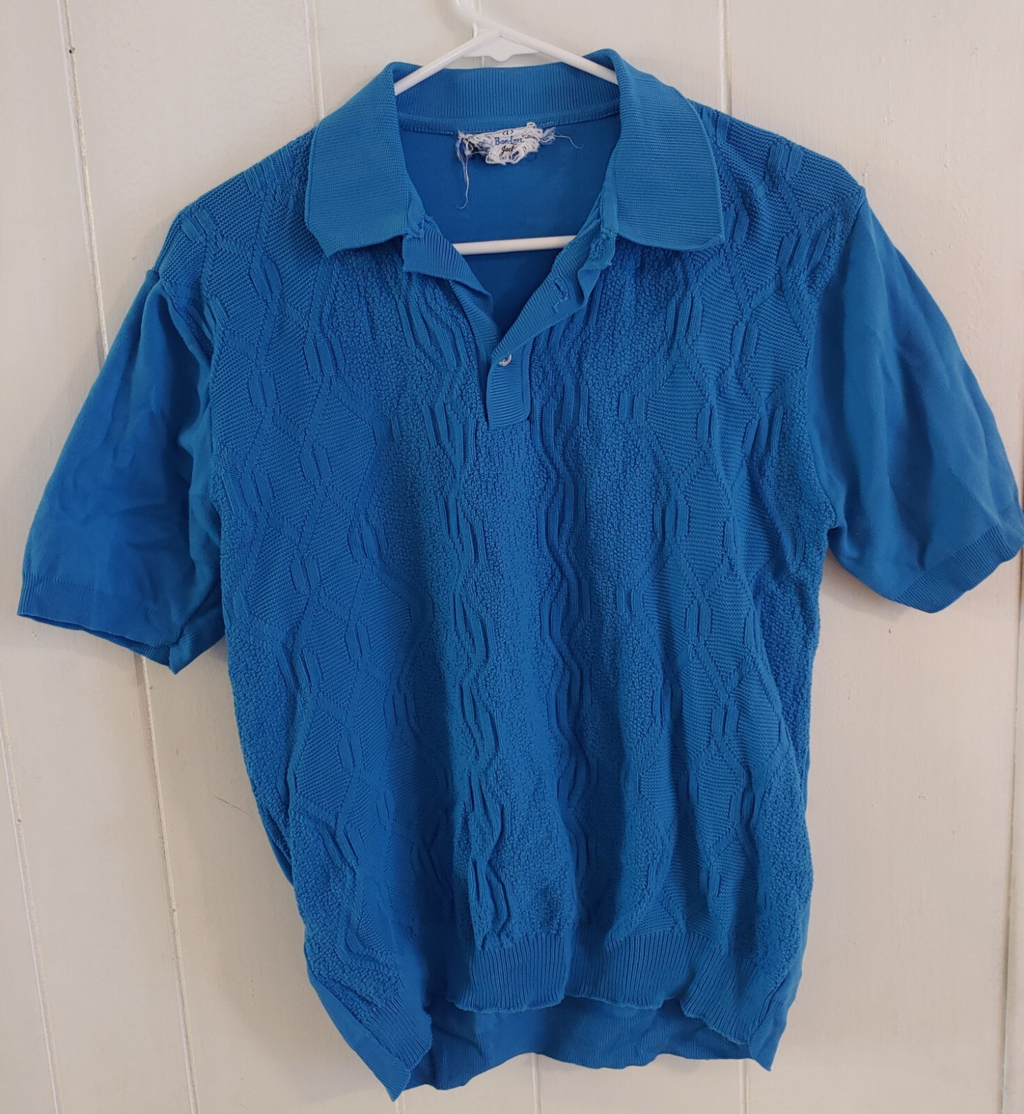 VTG 60s Ban Lon by Jaclee Mod Groovy Retro Teal Blue Polo Dupont Nylon Knit Sz L