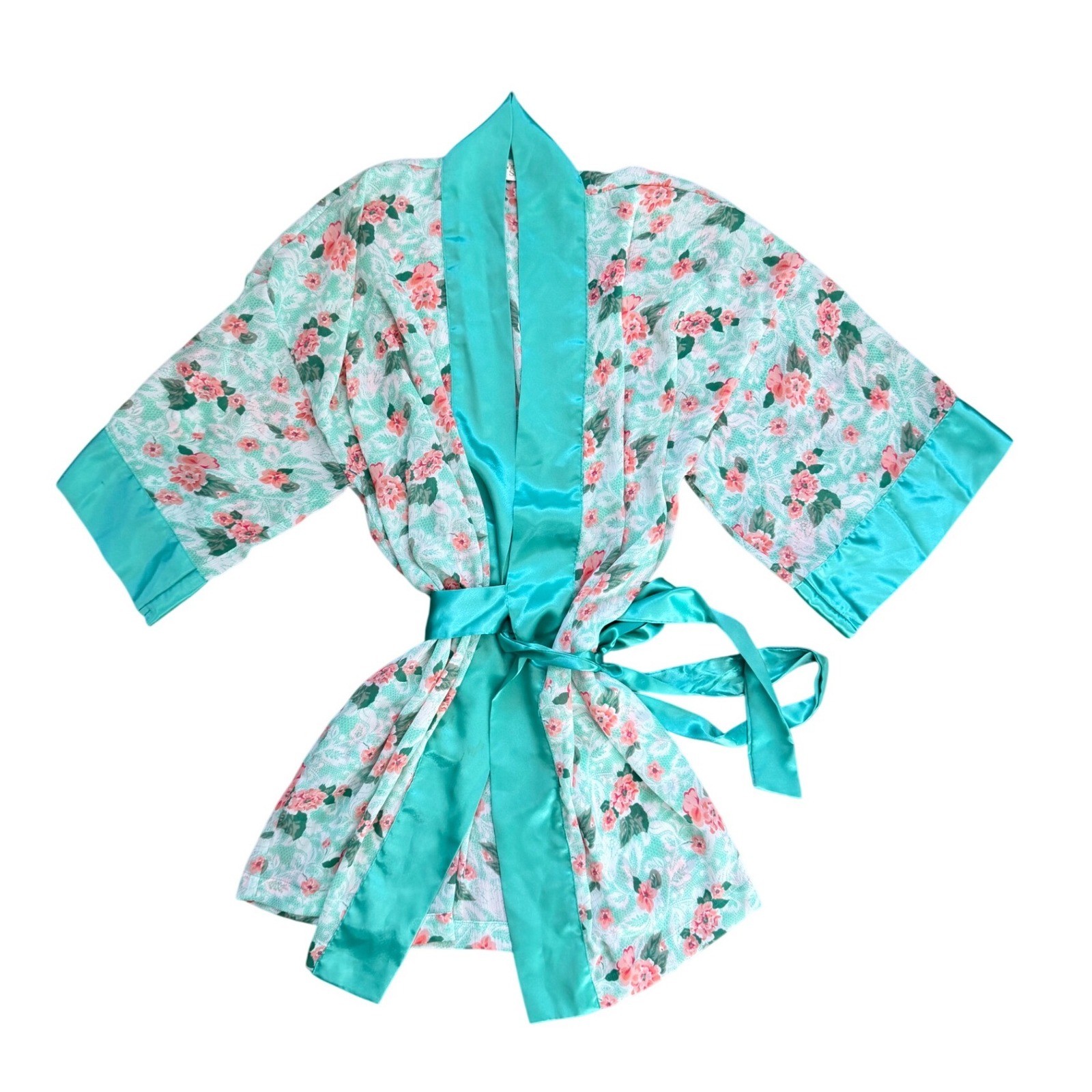Vintage Victorias Secret Gold Label Floral Kimono Robe Teal Pink Satin OS Sexy
