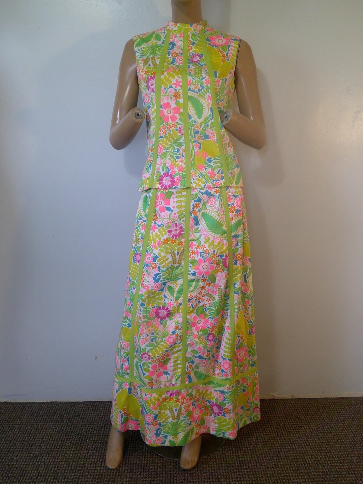 Vtg 60’s JAMISON BOUTIQUE 2 pc Lilly Style Neon Floral Tunic Top & Maxi Skirt M