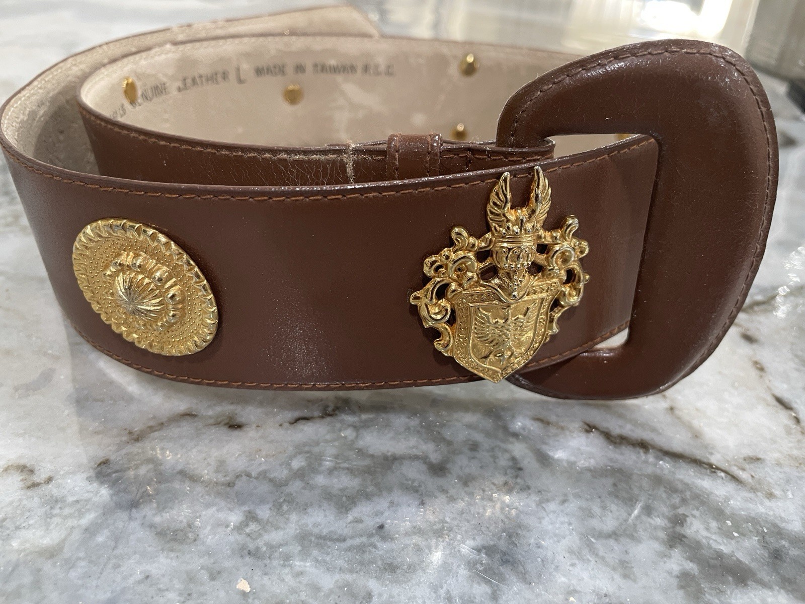 Arrivanto Belt Women L Brown Leather Gold Medallion Wide Vintage 80s