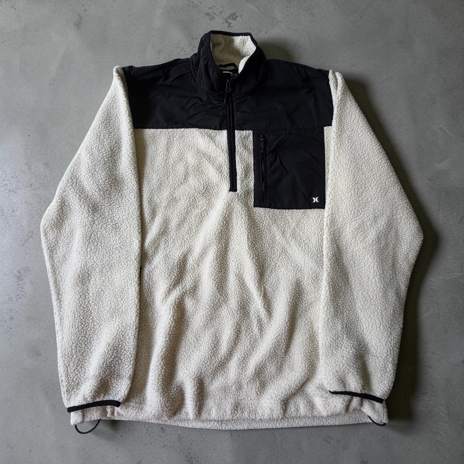 Hurley Mens XL Sherpa Fleece Quarter Zip Pullover Jacket Cream Black Logo Y2K