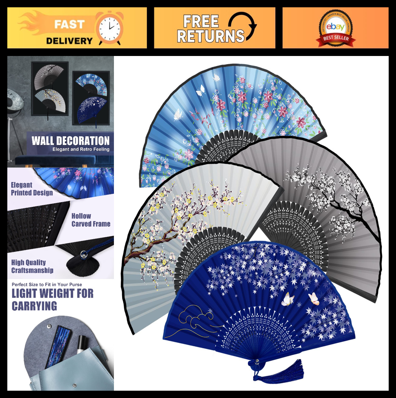 Handheld Folding Fan Set – 4 PCS Silk Bamboo Paper Hand Fans for Women, Portable
