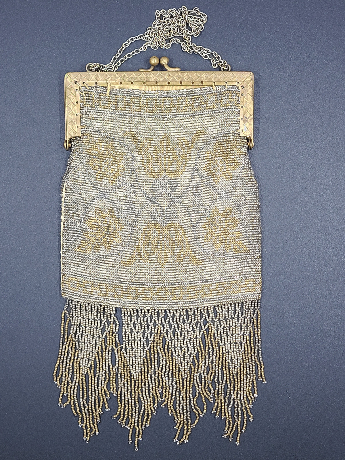 Vintage French Gold Color Beaded Micro Bead Purse Evening Bag with Knot Fringe