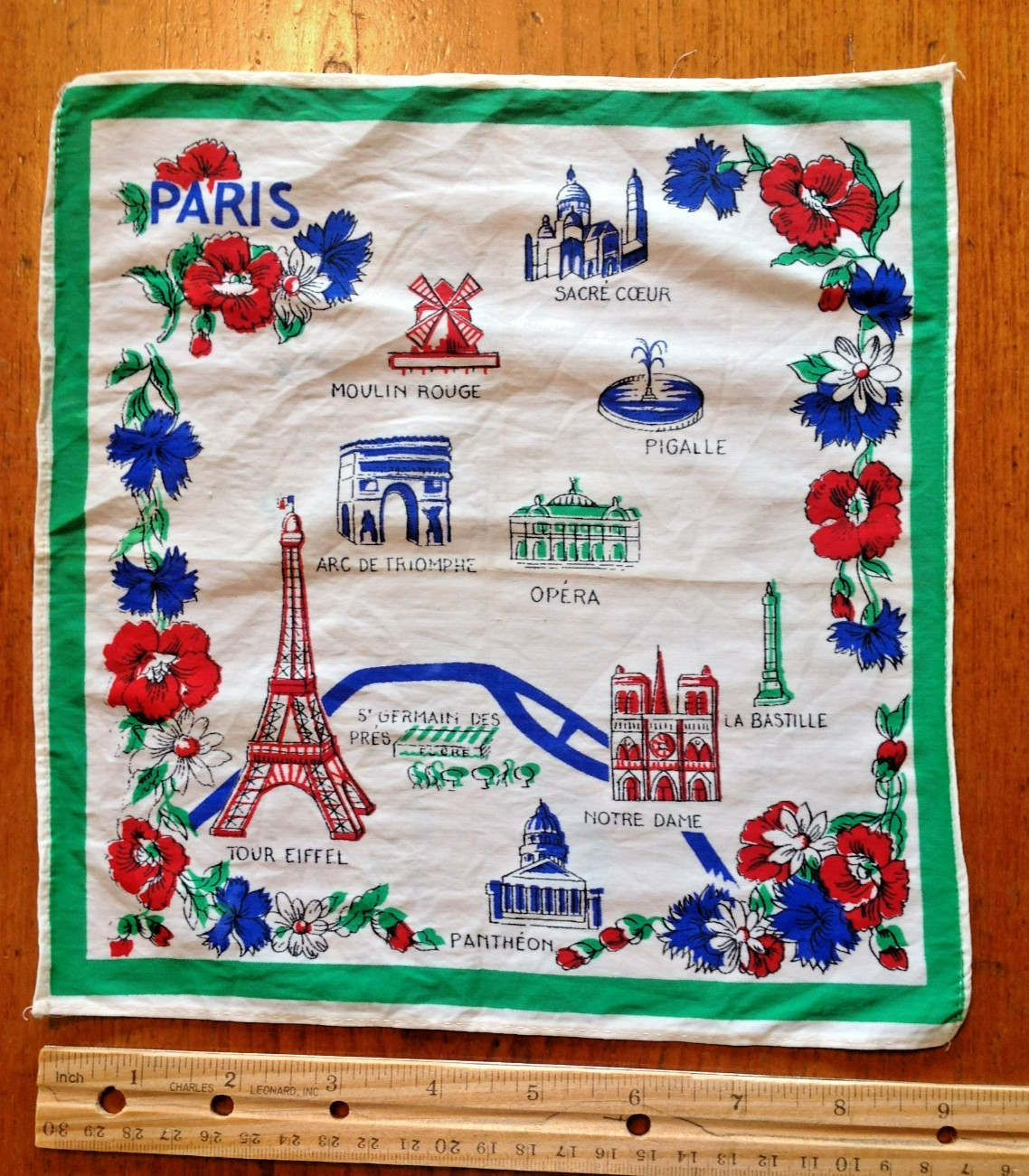 Vintage Paris Handkerchief Floral Hanky with Eiffel Tower, Notre Dame + More