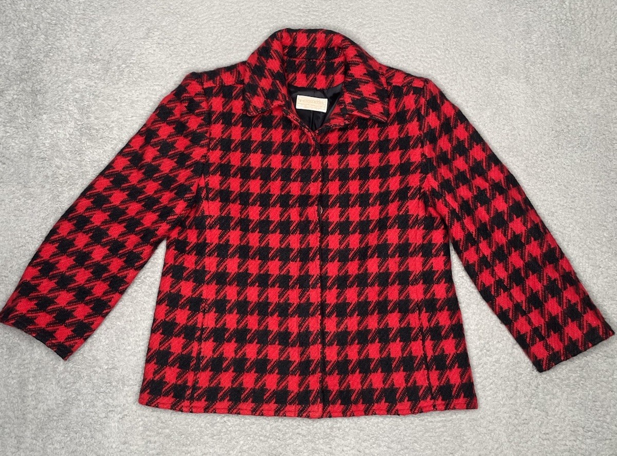 Vintage 70s Pendleton Women Wool Red Black Plaid Coat Jacket Size 8 Made in USA