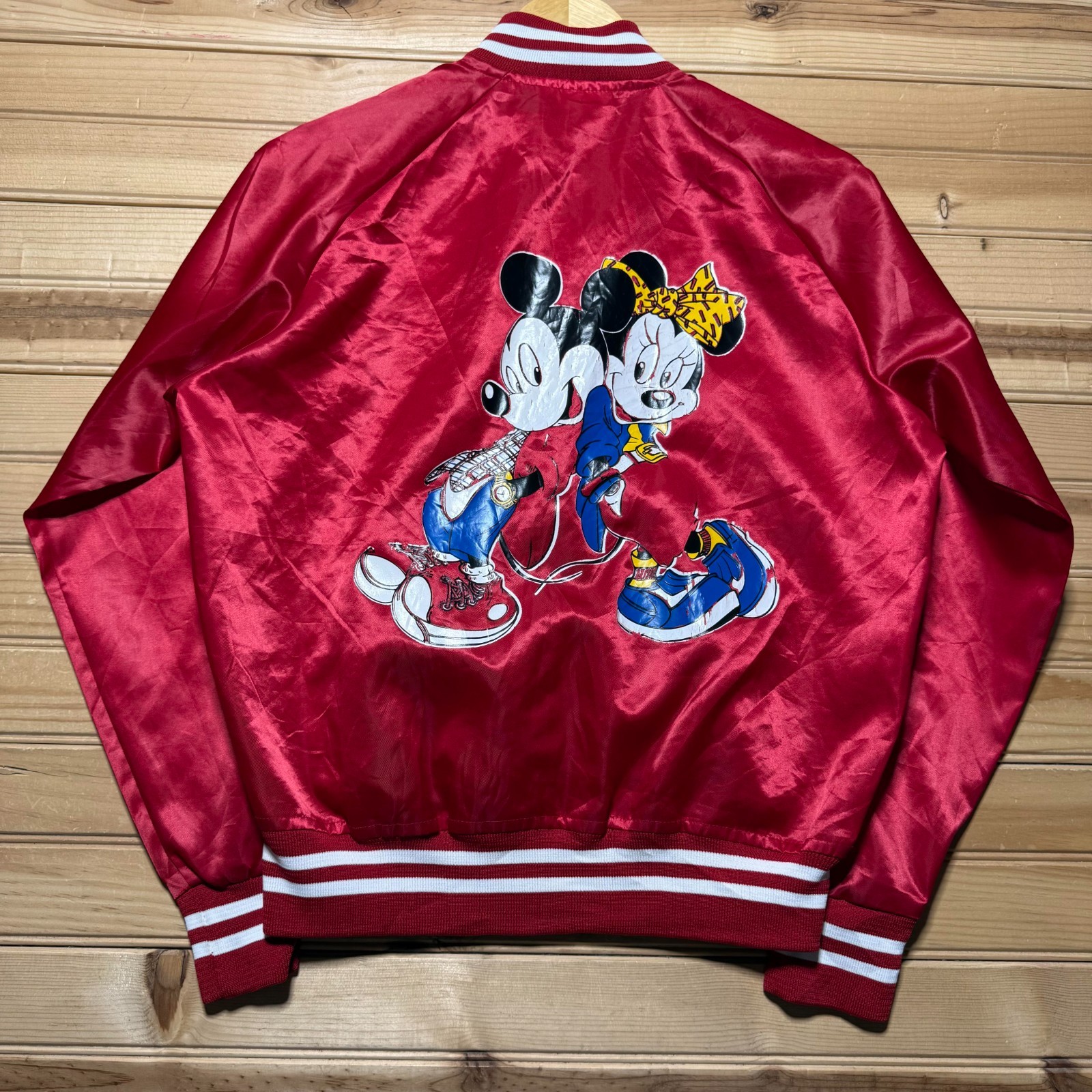Vintage 80s Mickey & Minnie Mouse Graphic Satin Bomber Jacket USA Youth 18-20