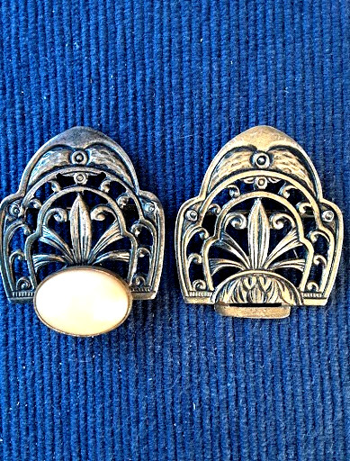 Vintage Art Deco 2 Piece Belt Buckle Germany Brass Filigree Cream Cabochon