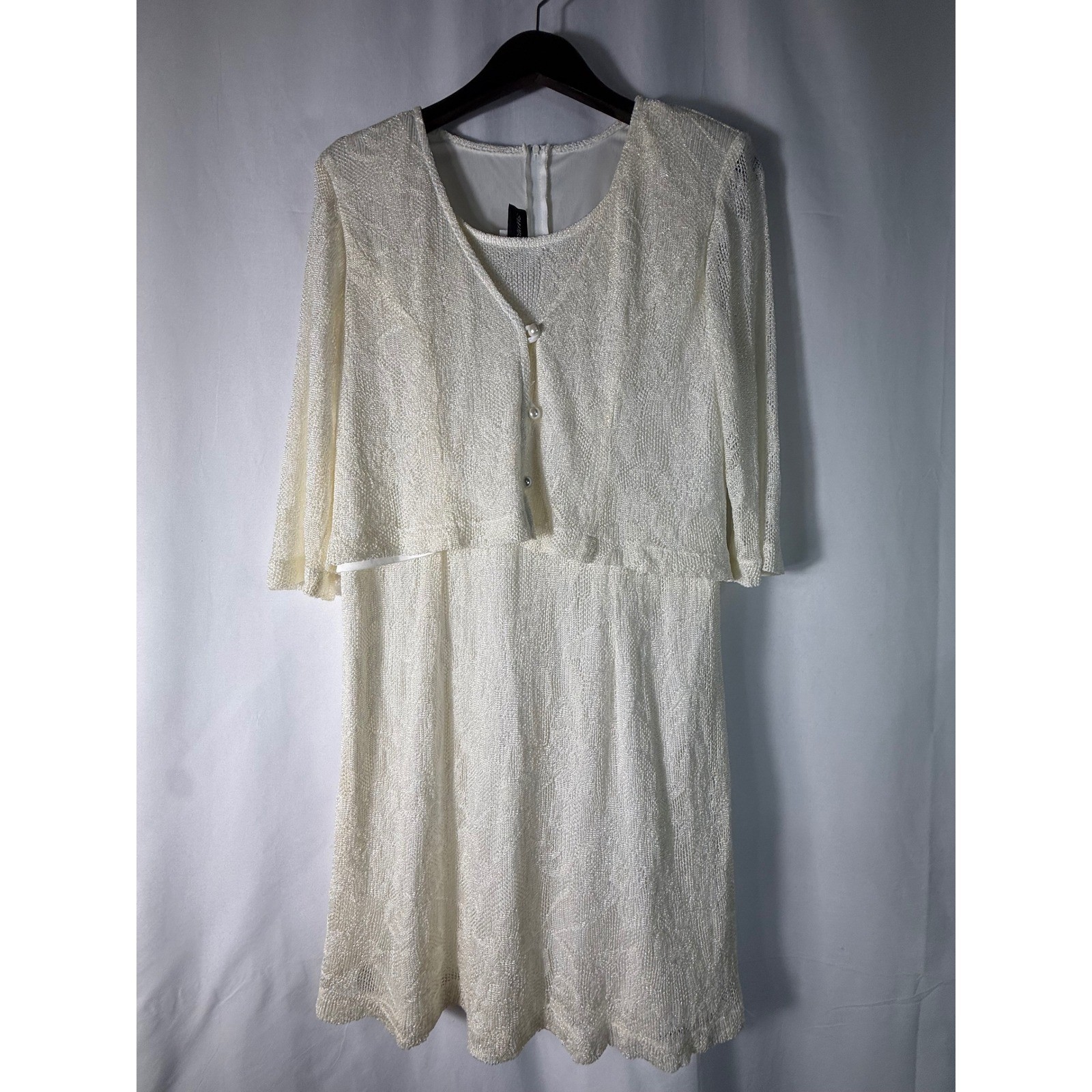Shari Aide Petites Vintage Cream Metallic Knit Dress & Cardigan Set 14P USA Made