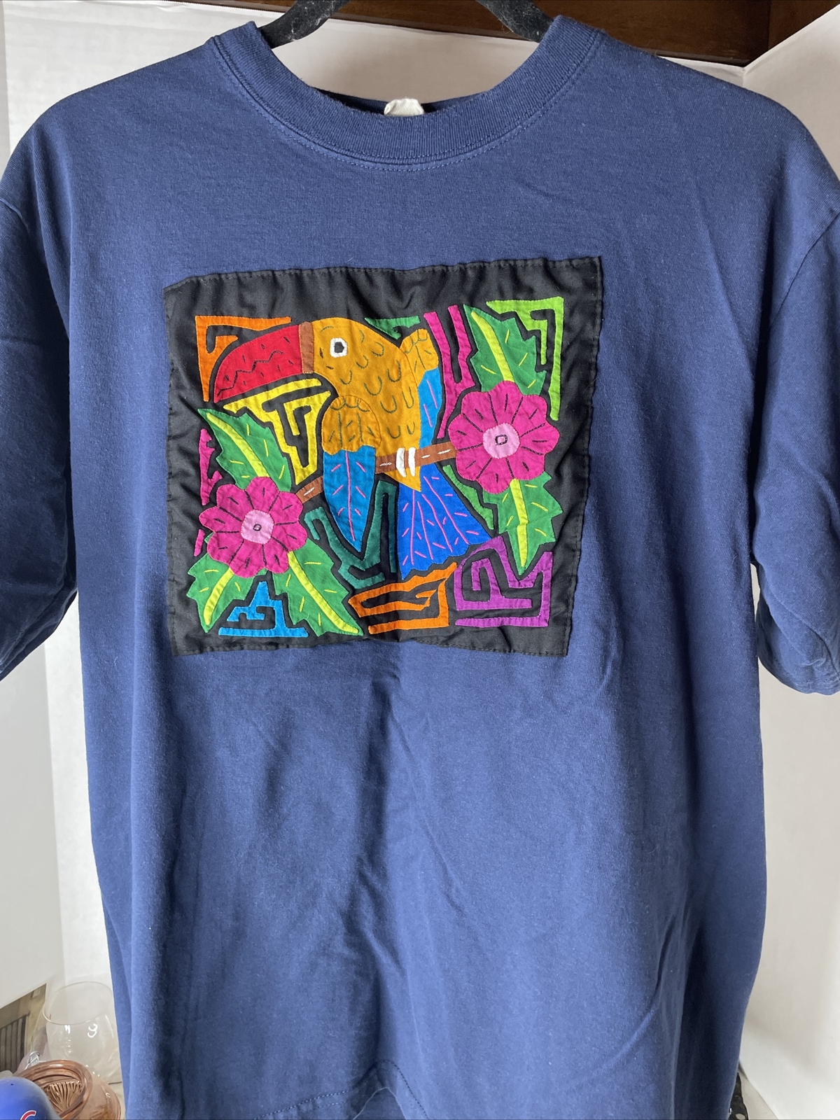 Vintage MY NAME IS PANAMA Embroidered Parrot T Shirt Sz S/M Short Sleeve Blue
