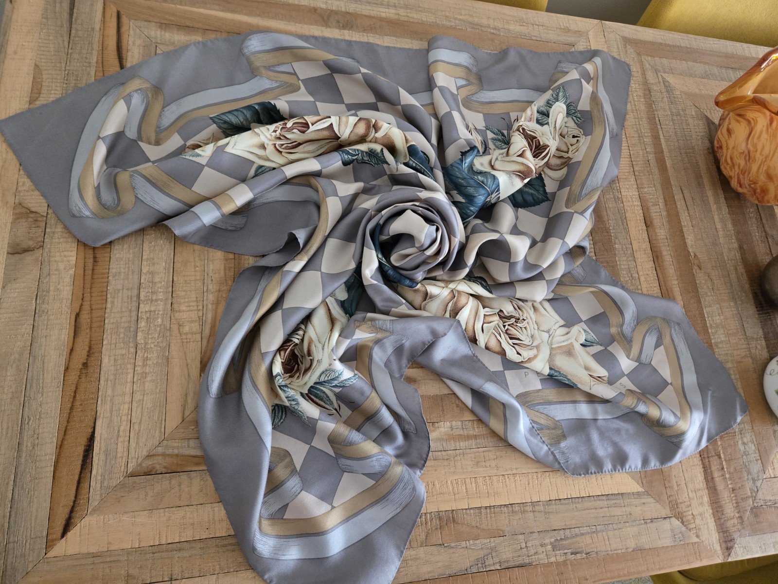 Vintage Designer Perry Allis Silk Scarf Shawl Gray Green Taupe Floral Motif