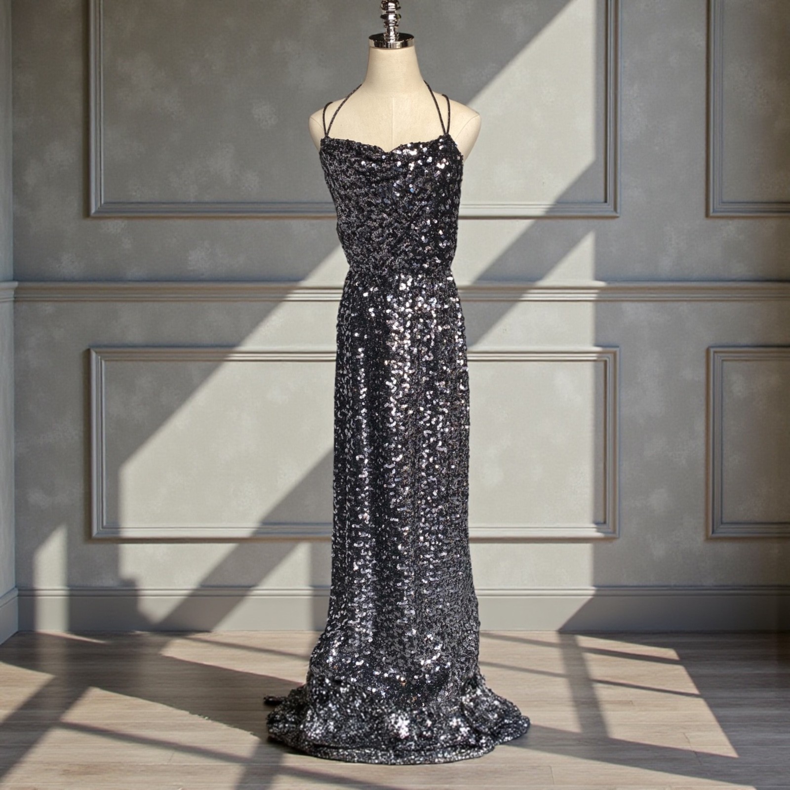 Vintage Norman Berg for Denise Fashions Gunmetal Sequin Maxi Halter Dress