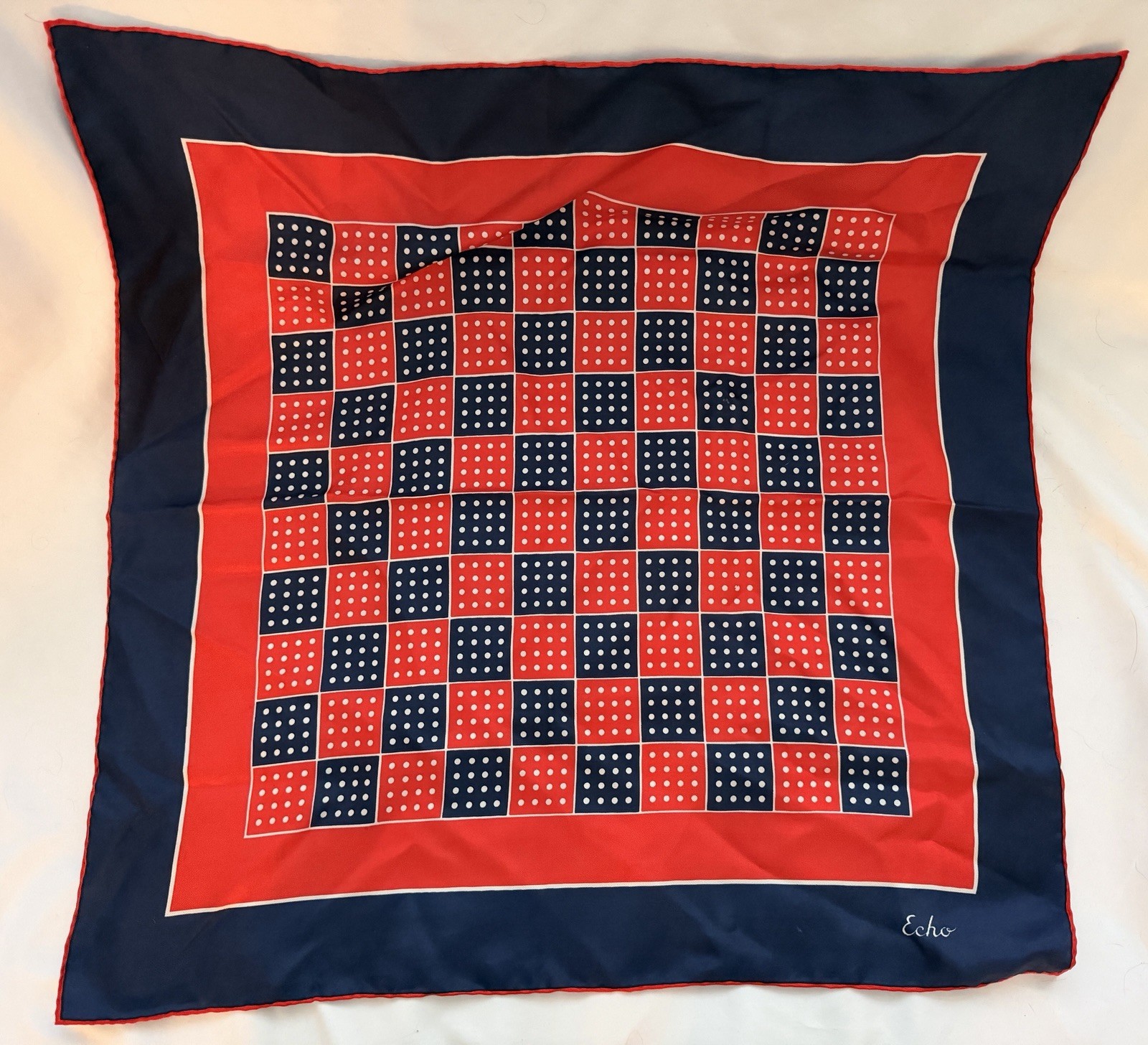 Vtg Echo 100% Silk Scarf 23×23 Red Navy Polka Dot Geometric Square Hand Rolled