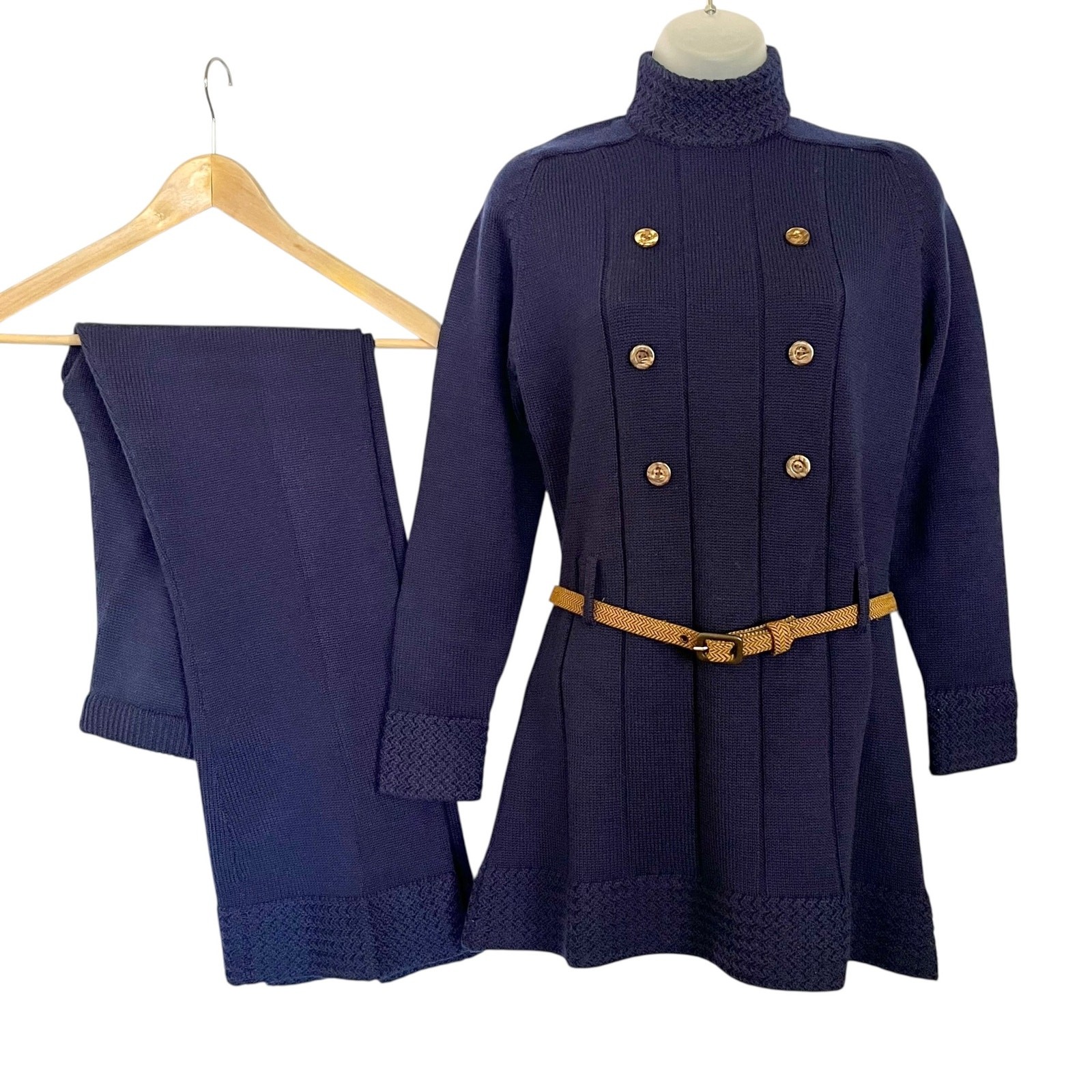 Vintage Glenmore Navy Blue Wool Knit 2-Piece Mod Sweater Set: Tunic Top Pants