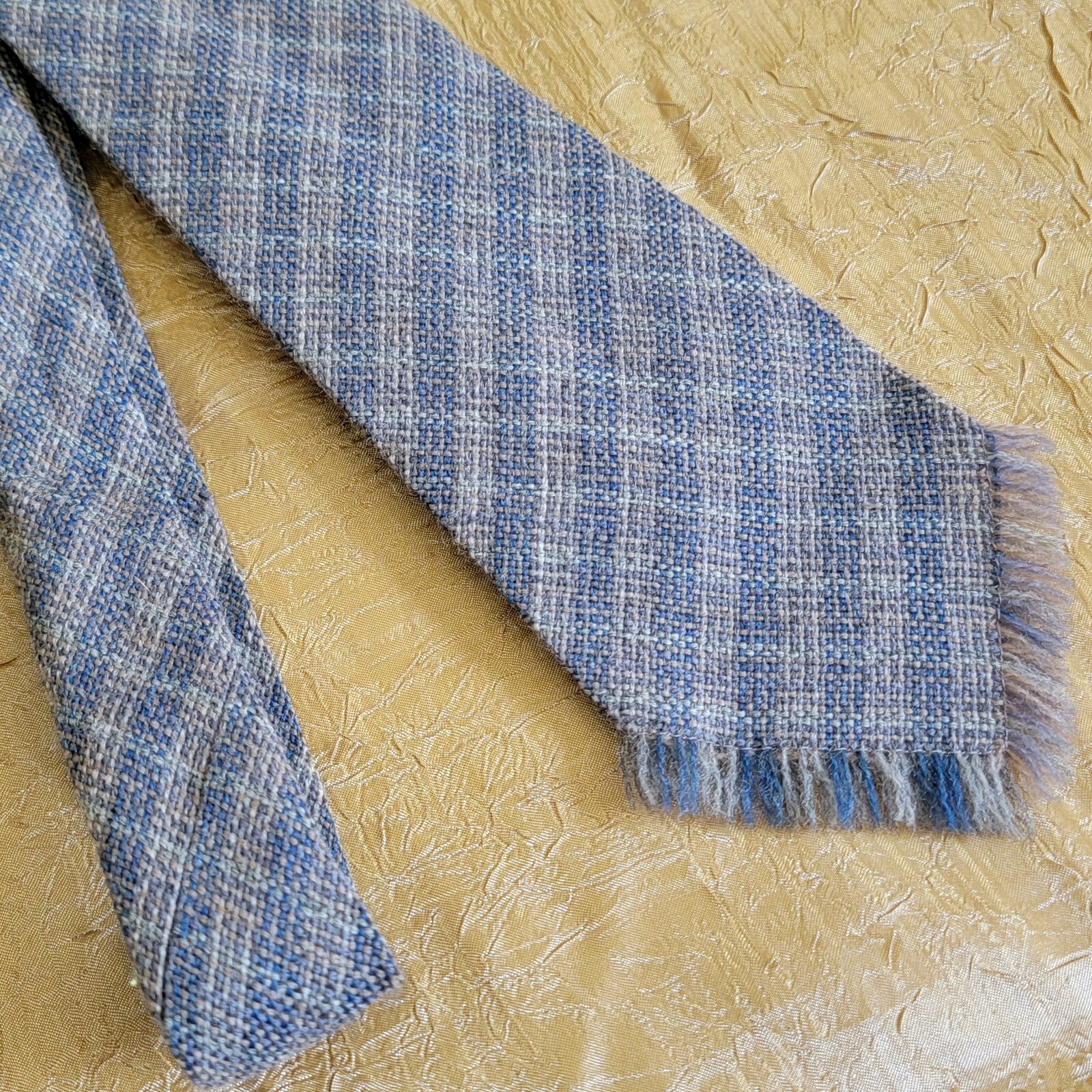 VTG Wool Neck Tie Fringe Blue Gray Brown Plaid Wide Old Money Retro Gift Shop