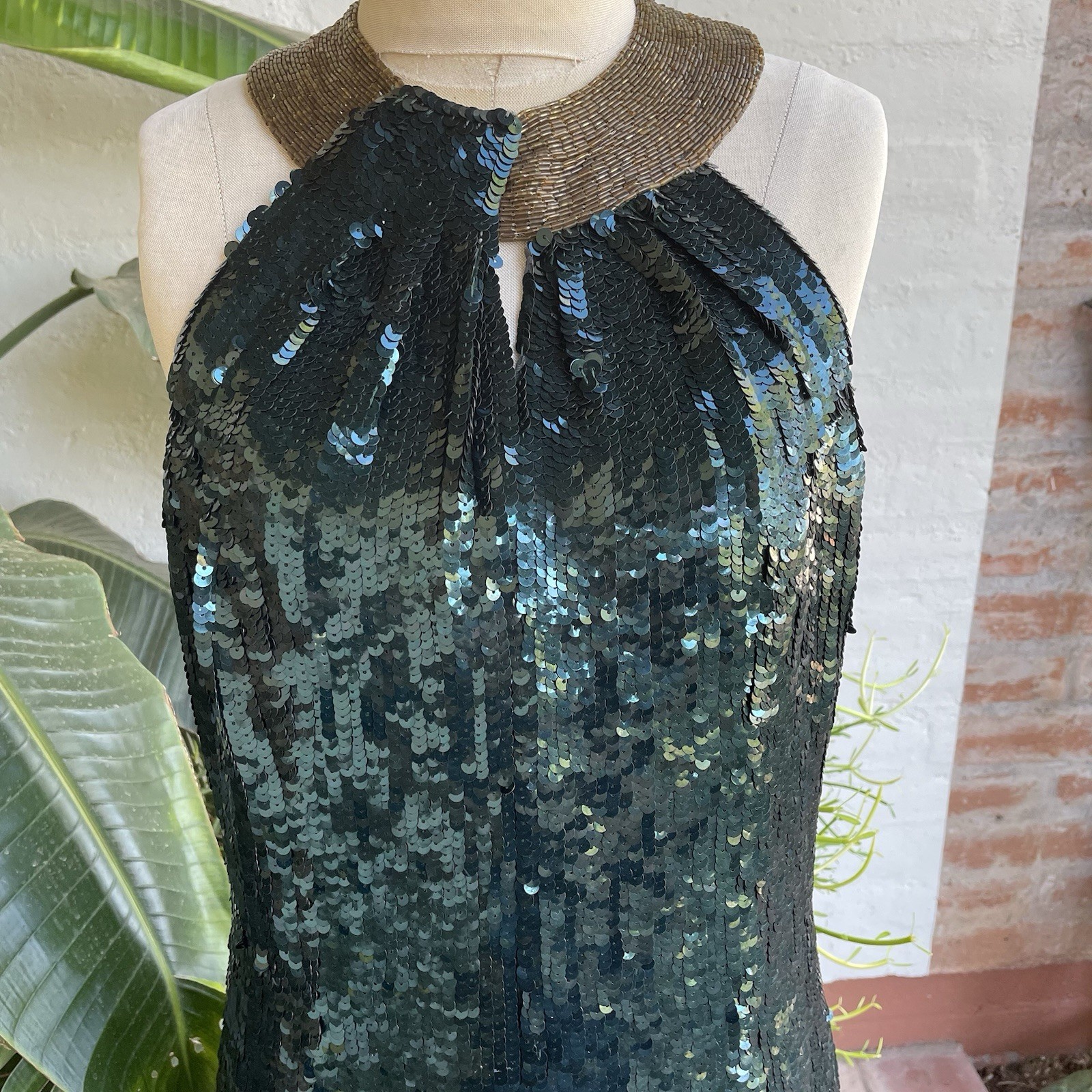 80s Vintage Beaded Sequin Short Evening Cocktail Party Dress Sz L Halter Custom