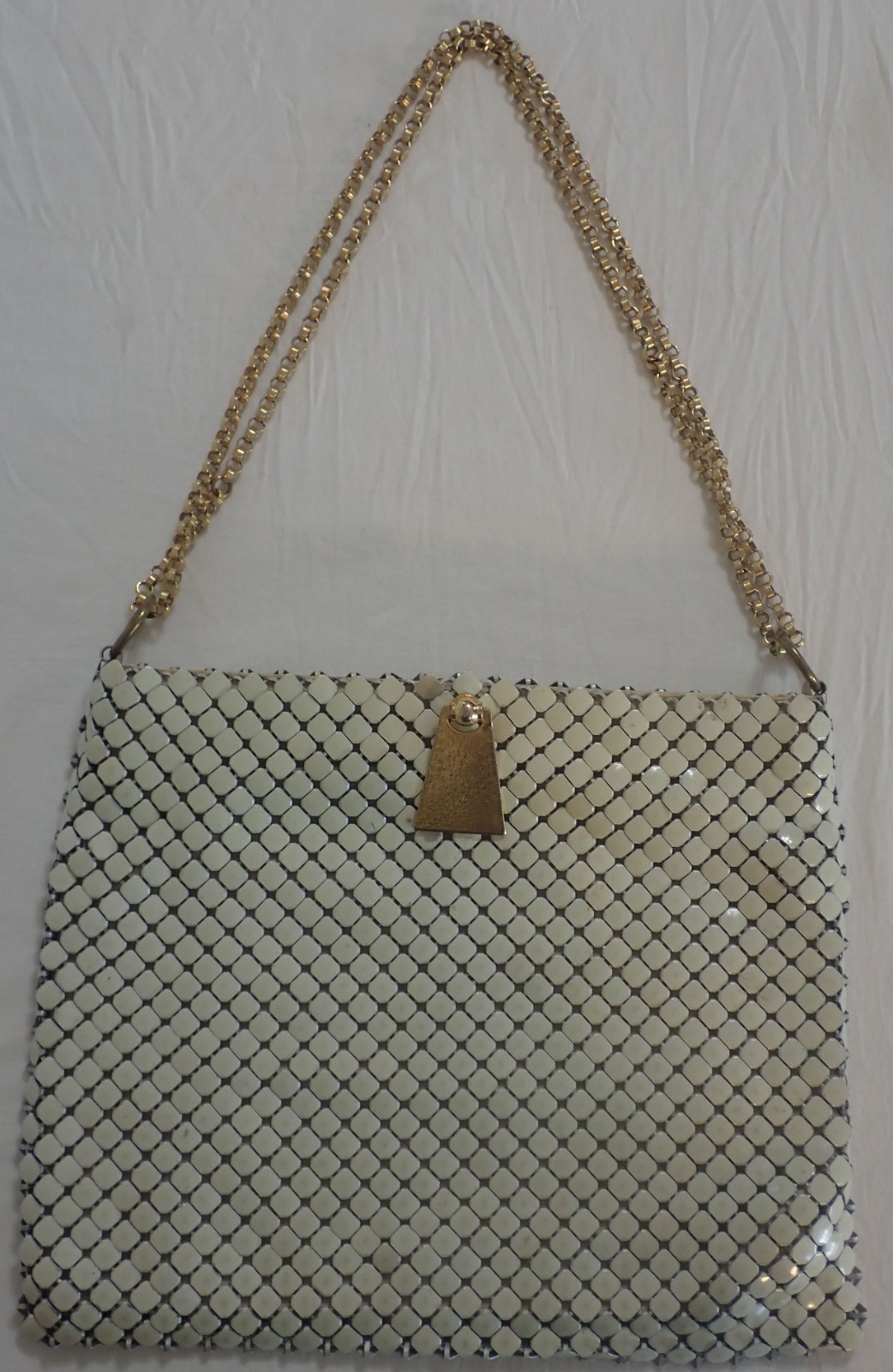 VINTAGE WHITING & DAVIS WHITE ALUMINUM METAL MESH HANDBAG PURSE w/ GOLD ACCENTS