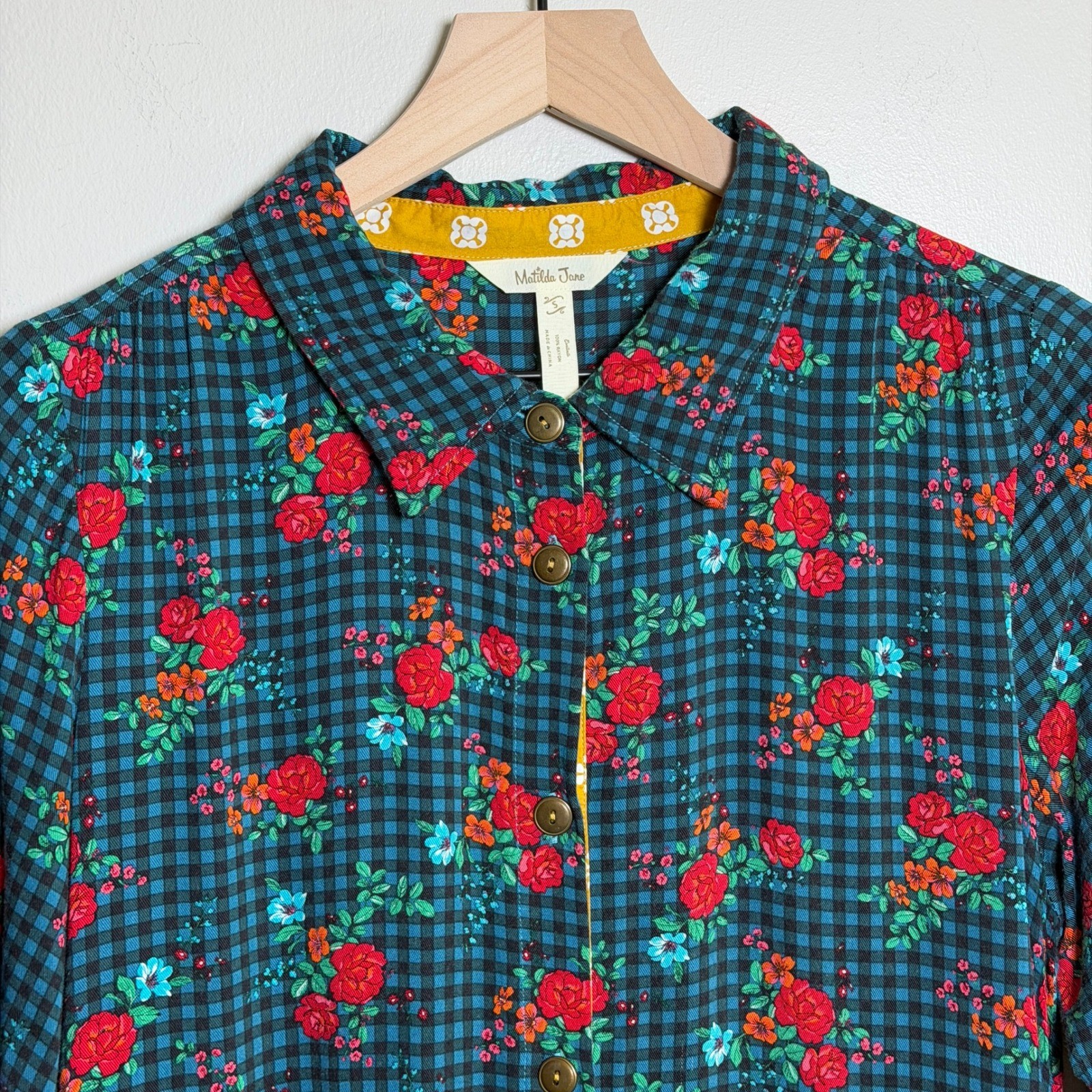 Matilda Jane Teal Gingham Floral Shirt Dress S Garden Boho Shabby Mixed Print