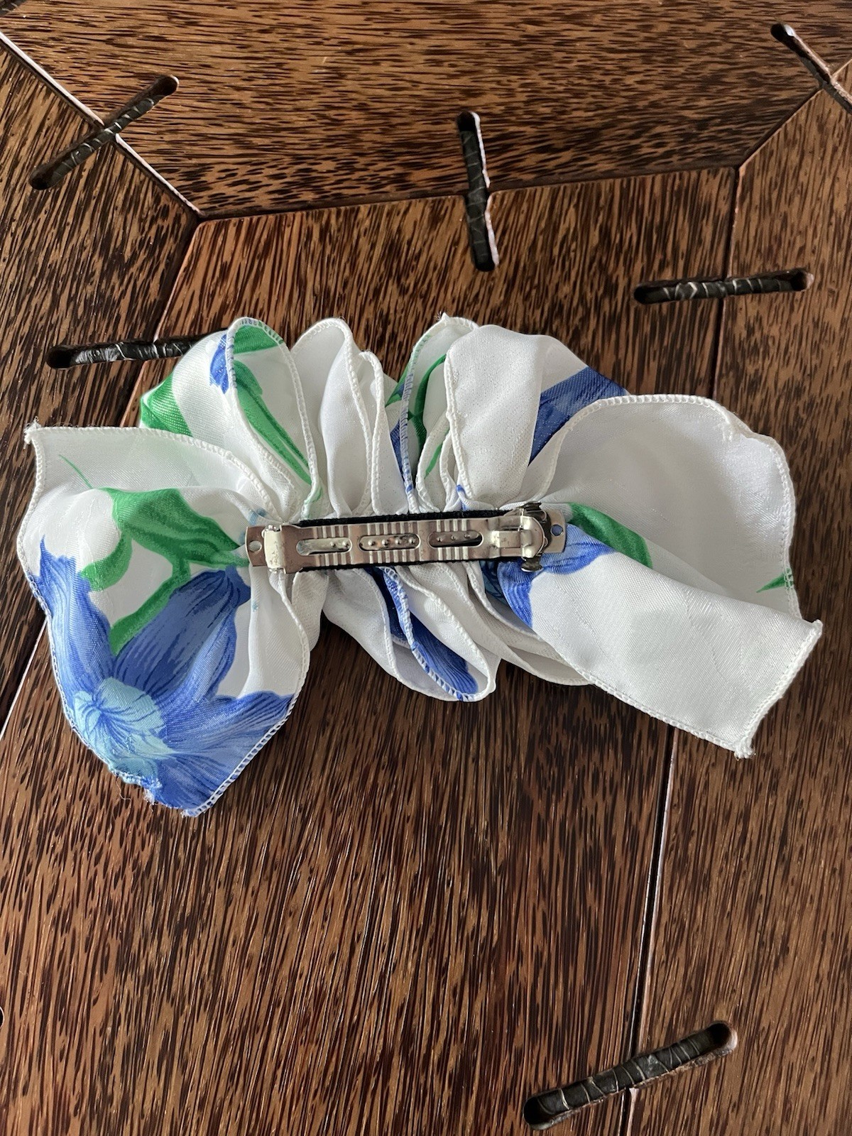 Vintage 1980s / 90s White, Blue & Green Floral Large Hair Bow Barrette Clip