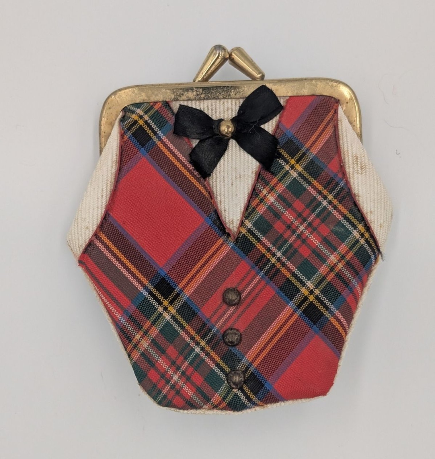 Vintage Plaid Tartan Fabric Kiss-Lock Suit Coin Purse w/ Bow Button Mid Century