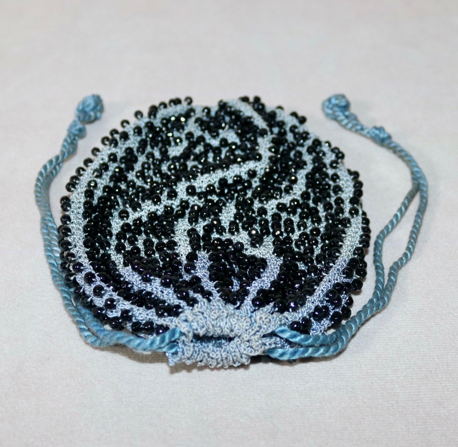 Blue With Black Beads ~ Vintage Art Deco Drawstring Bag Wristlet Coin Purse