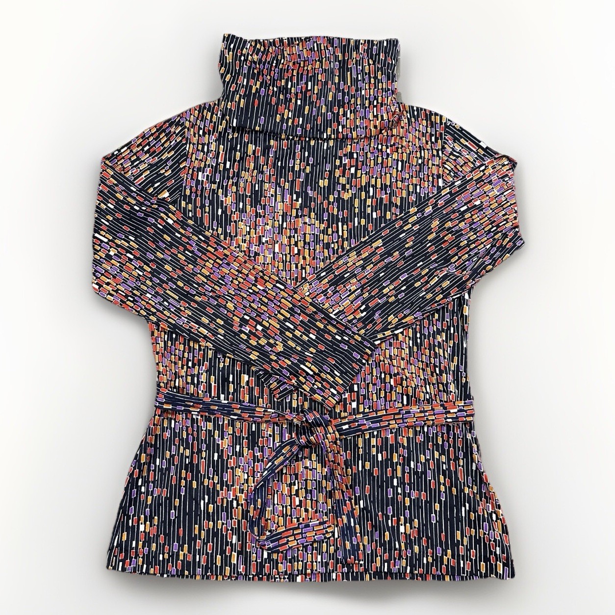 VTG 70s Knit Turtleneck Geometric Print Belted Blouse by Pretty Polyester Sz S/M