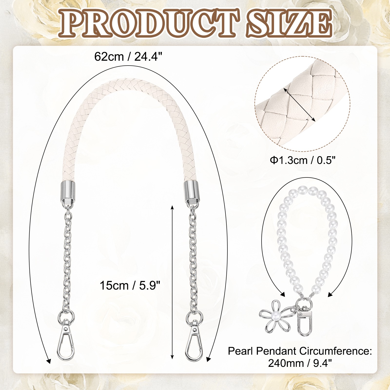62cm Braided PU Leather Bag Strap (Cream, Silver Buckle)
