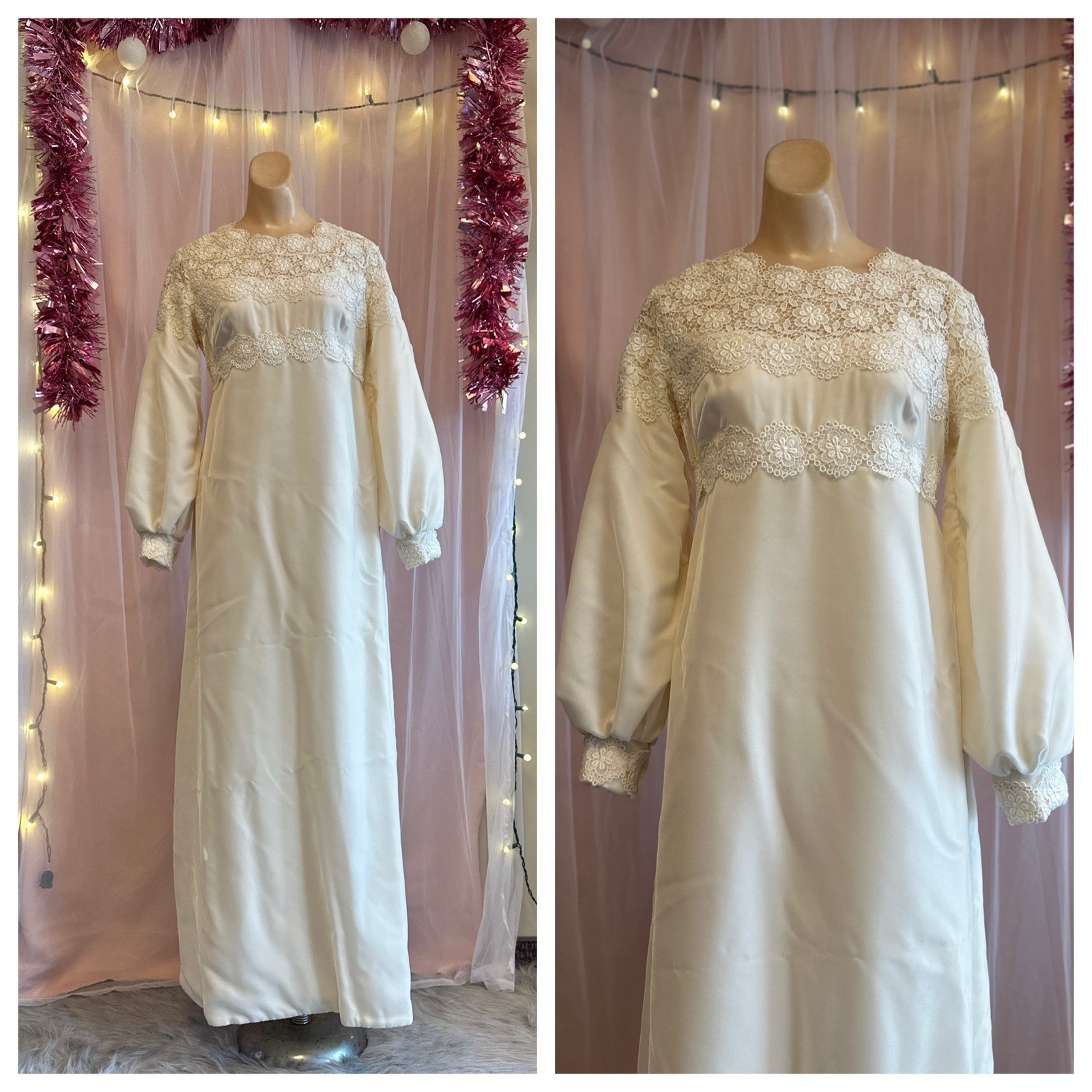 Vintage 60s Velvet Wedding Dress Alfred Angelo Lace Mod Long Sleeves Modest M