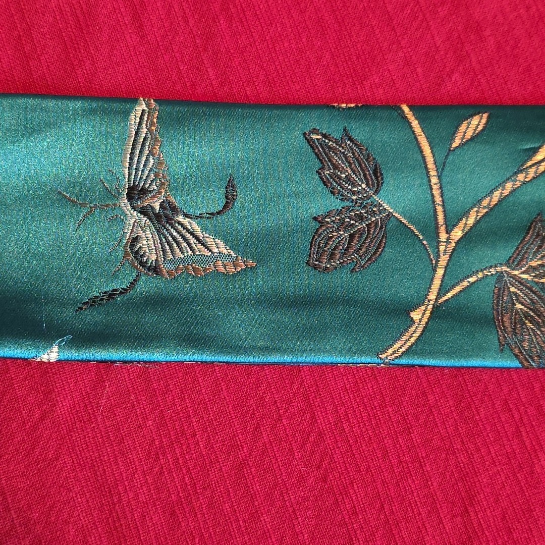 MJ Ernst Couturier Asian Brocade Sash Obi Belt Teal Emerald Floral Butterfly