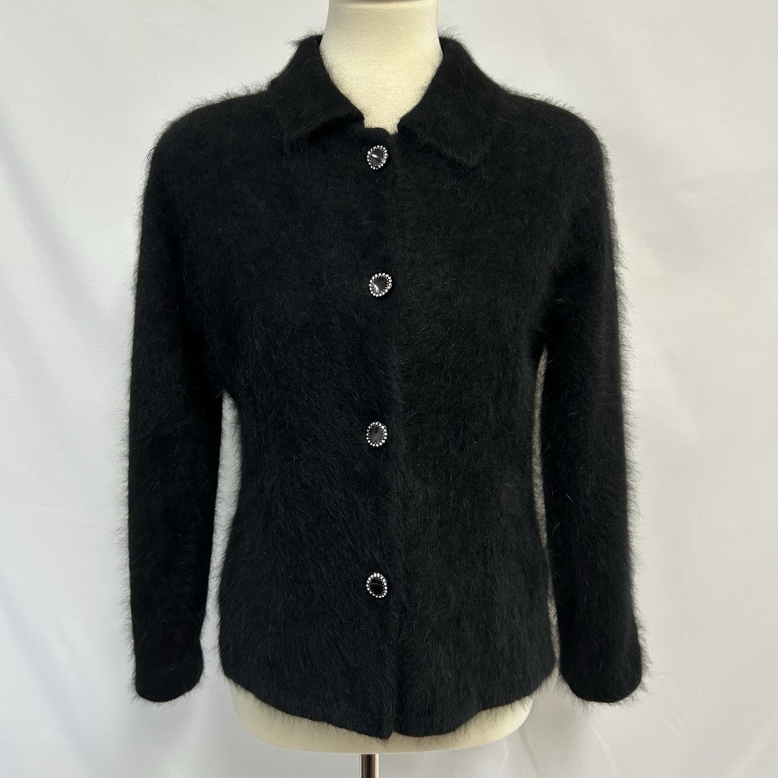 Vintage Venesha Angora Medium Black Cardigan Sweater Jacket Fuzzy Rhinestones