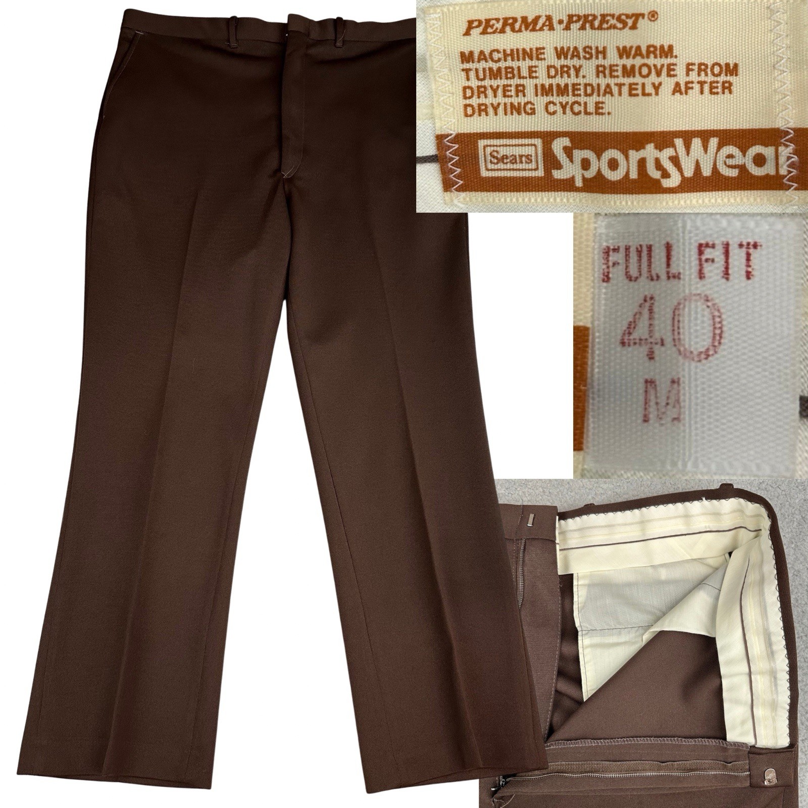 Vintage Sears Sportswear Brown Polyester Pants 40 X 30 No Belt High Rise Waist