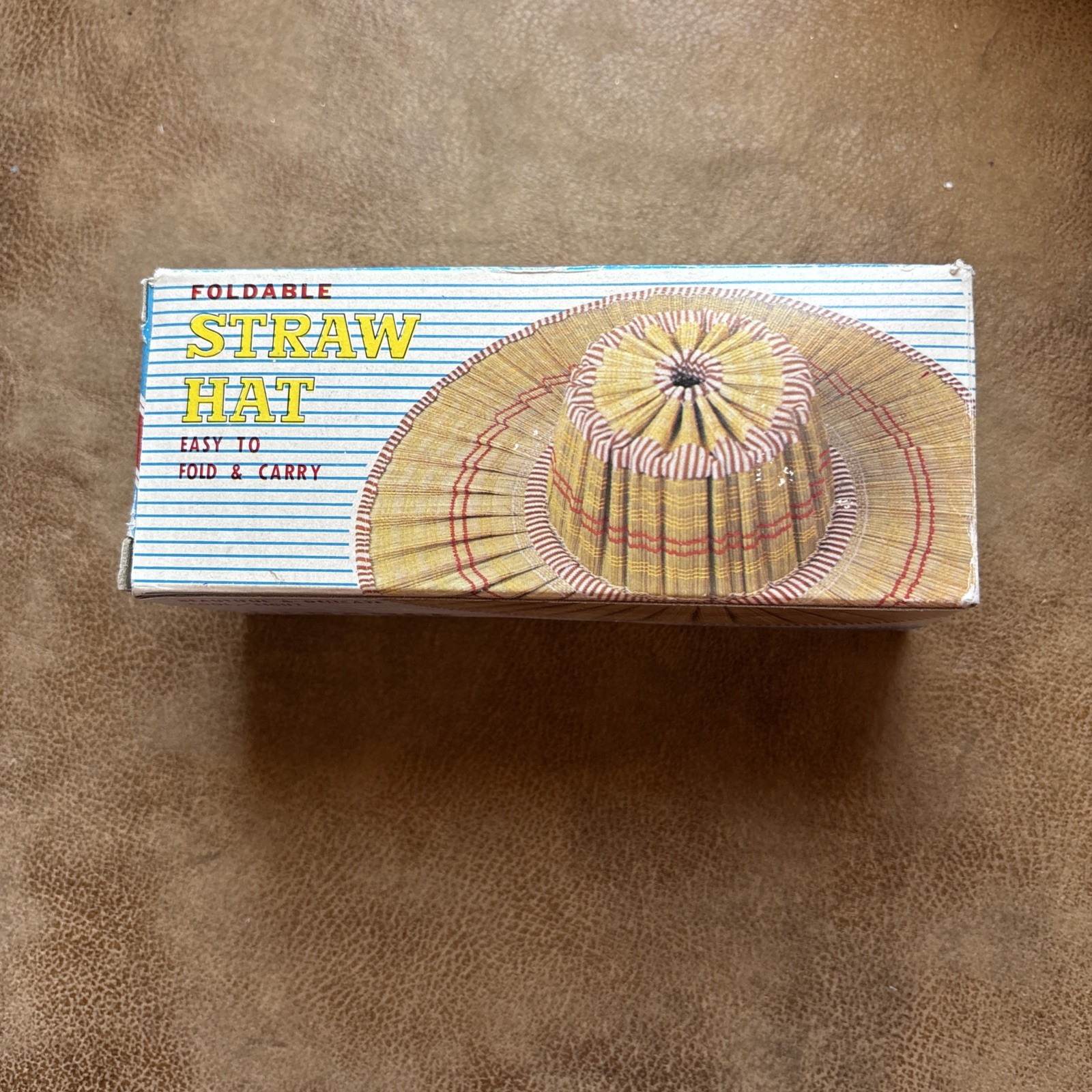 vintage pleated straw sun hat in its original box Fold And Carry