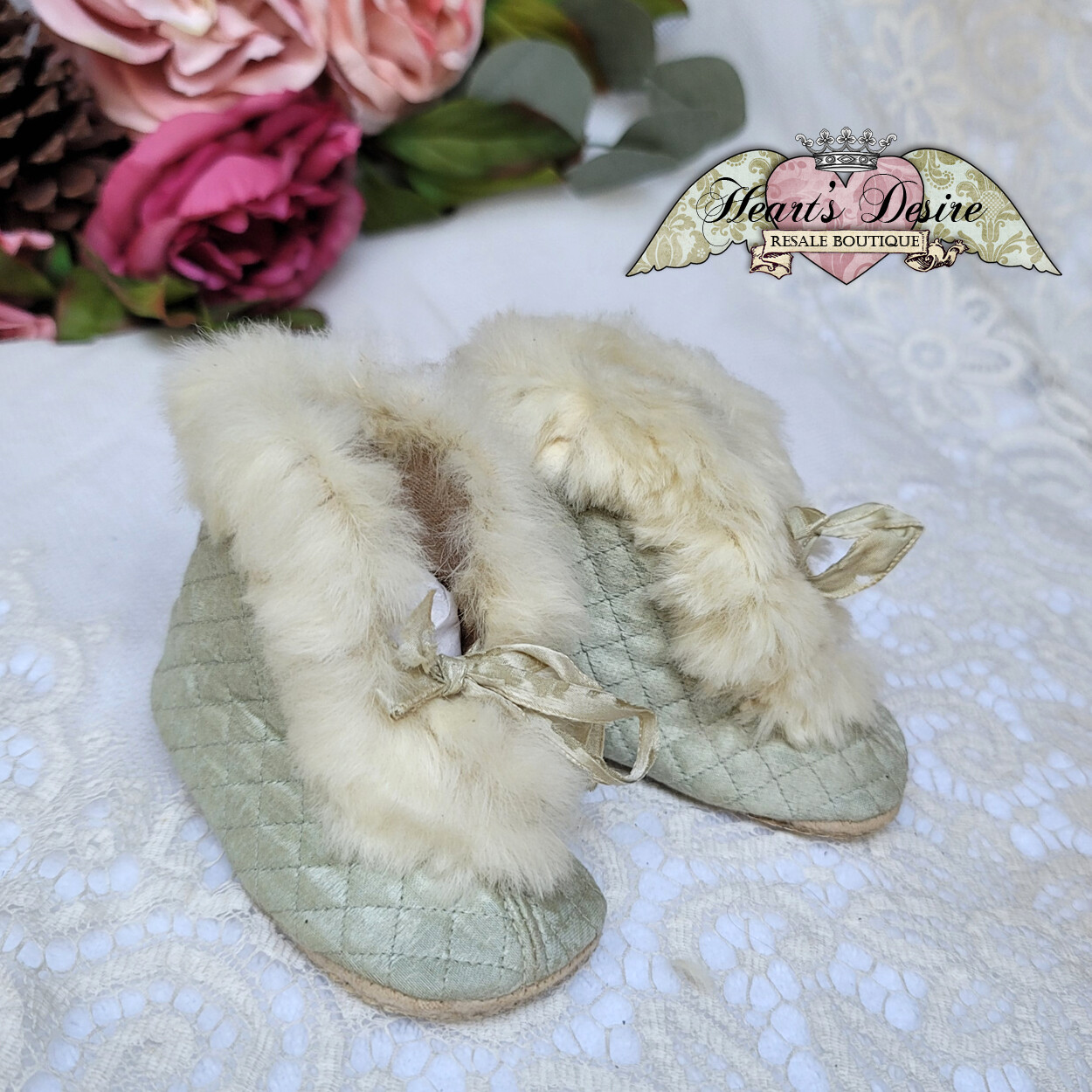 Antique Baby Boots Ivory Rabbit Fur Trim, Silk Ribbon Silky Pale Blue Quilted