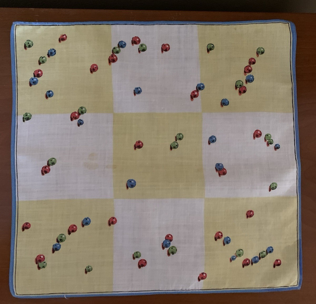 Vintage Hanky: Yellow and White Blocked Background w/Red Blue Green Marbles