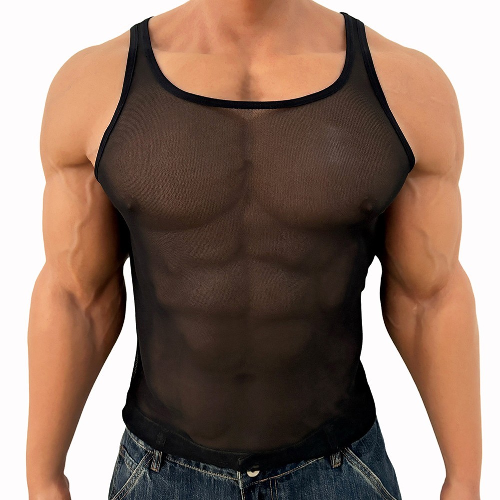 Men’s Active Mesh Tank Top U Neck Sleeveless Vest Breathable for Vacation Black