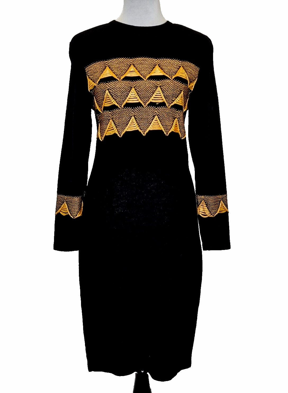 Steve Fabrikant Knit Dress Black Orange Wool Blend Triangles SMALL VTG 1980s