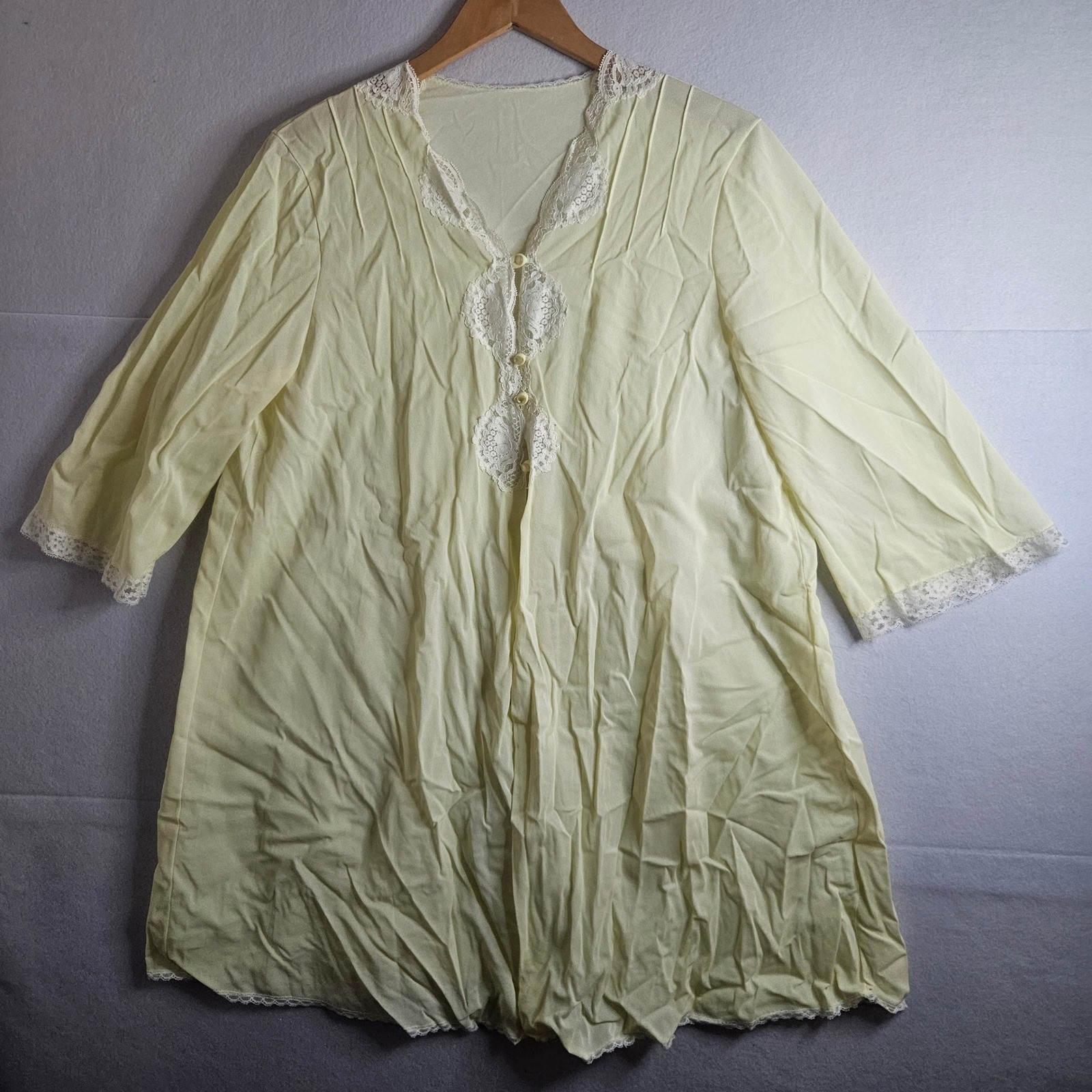 Vintage Sears Pastel Yellow Lace Trim Nightgown Robe 3/4 Sleeve Size 38/40