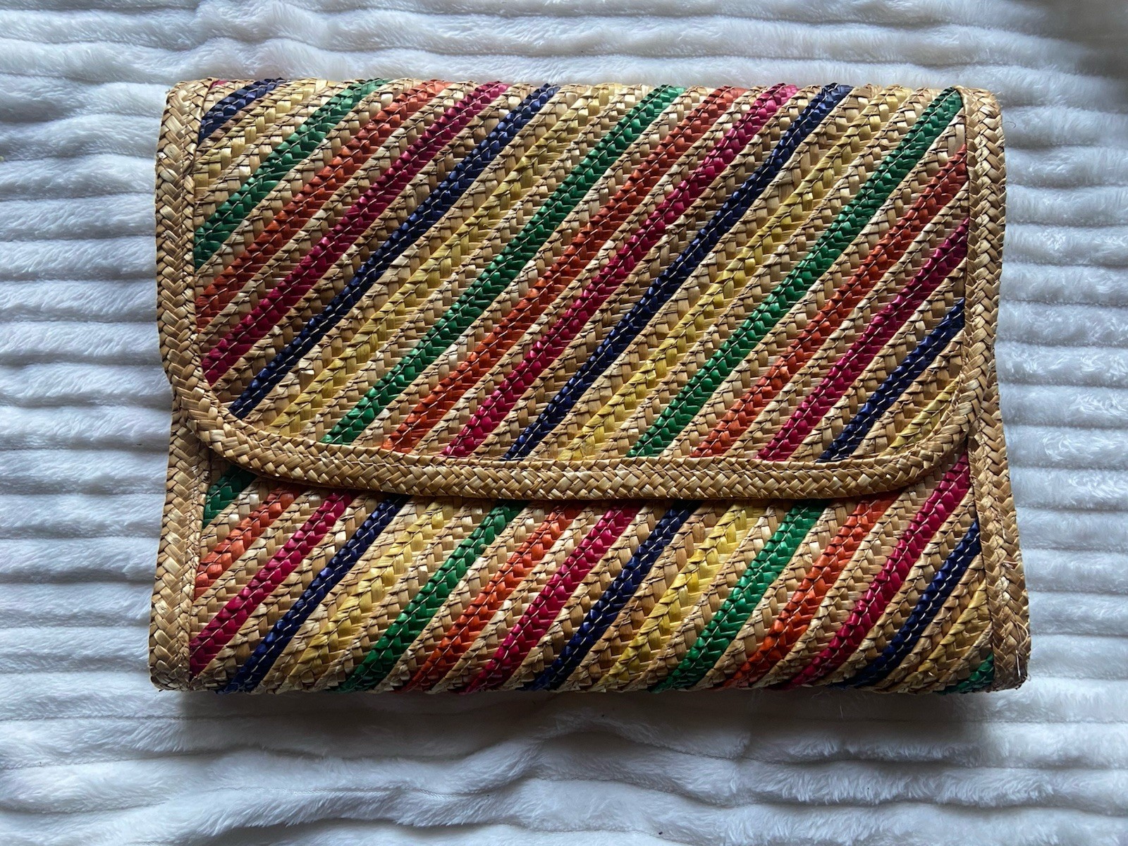 Woven Straw/Jute Multicolored Stripped Bi-Fold Clutch Bag Hong Kong Vintage Boho