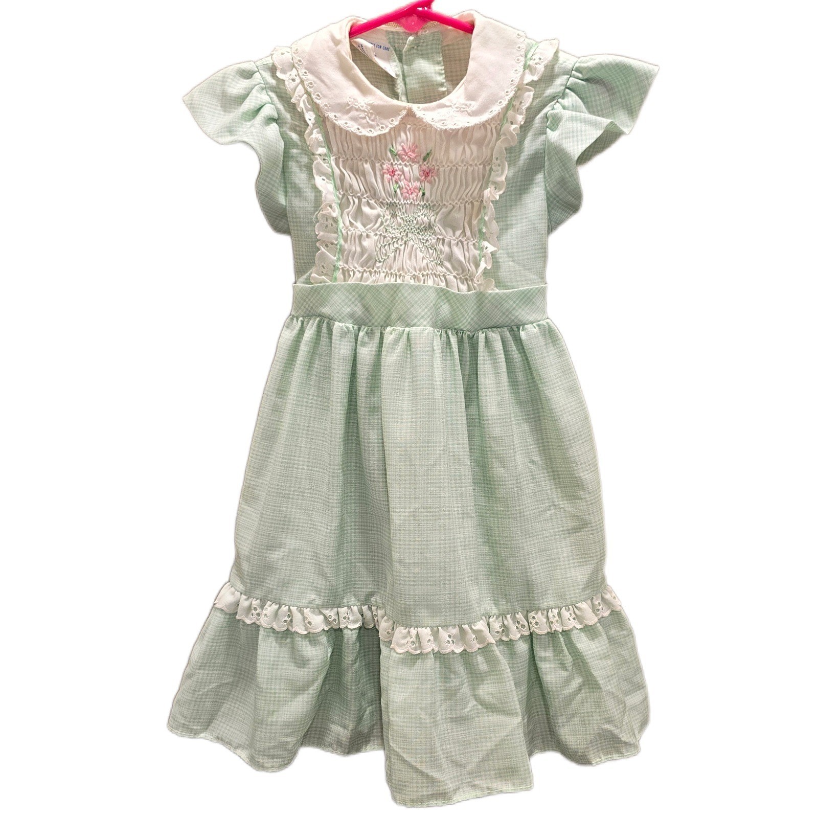 Vtg 1980s Polly Flinders Dress 4 Girls Green Gingham Hand Smocked Embroidered