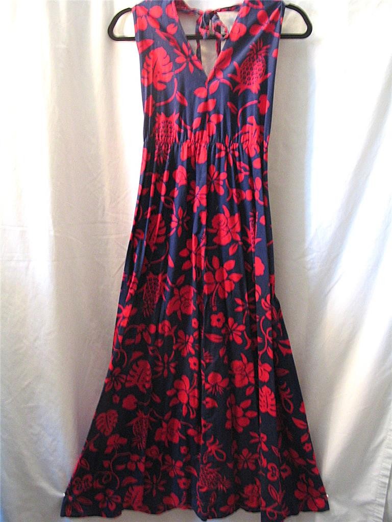 VINTAGE 1972~NAVY BLUE & RED 100% COTTON HANDMADE HAWAIIAN HALTER DRESS~SMALL