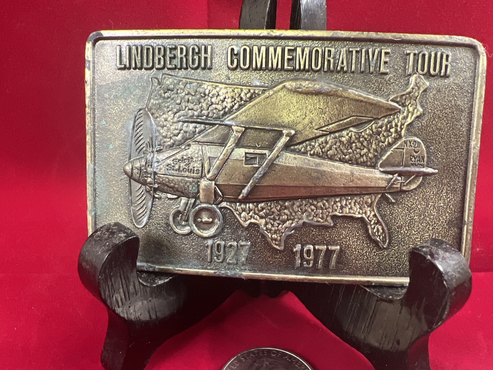 VINTAGE 1977 LINDBERGH COMMEMORATIVE TOUR PLANE SALES GUIDES BRASS BELT BUCKLE