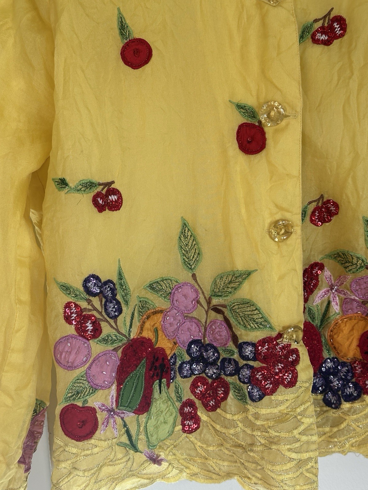 VTG Neil’s Silk Blouse Jacket XL Yellow Fruit Cherries Embroidery F16