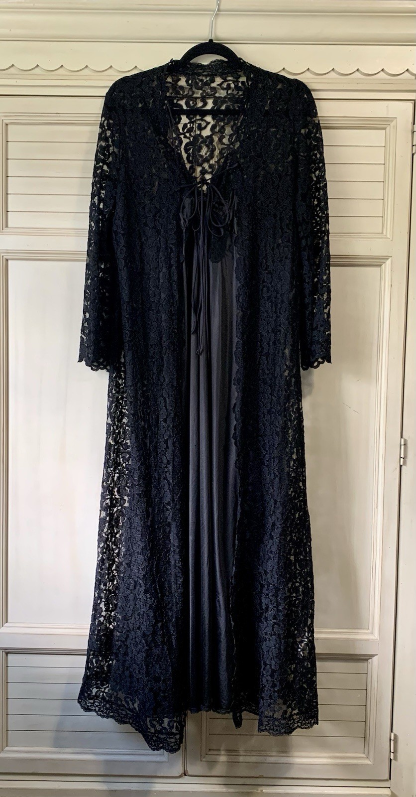 Vintage Miss Elaine Black Sheer Lace Peignoir Robe And Nightgown Set Small