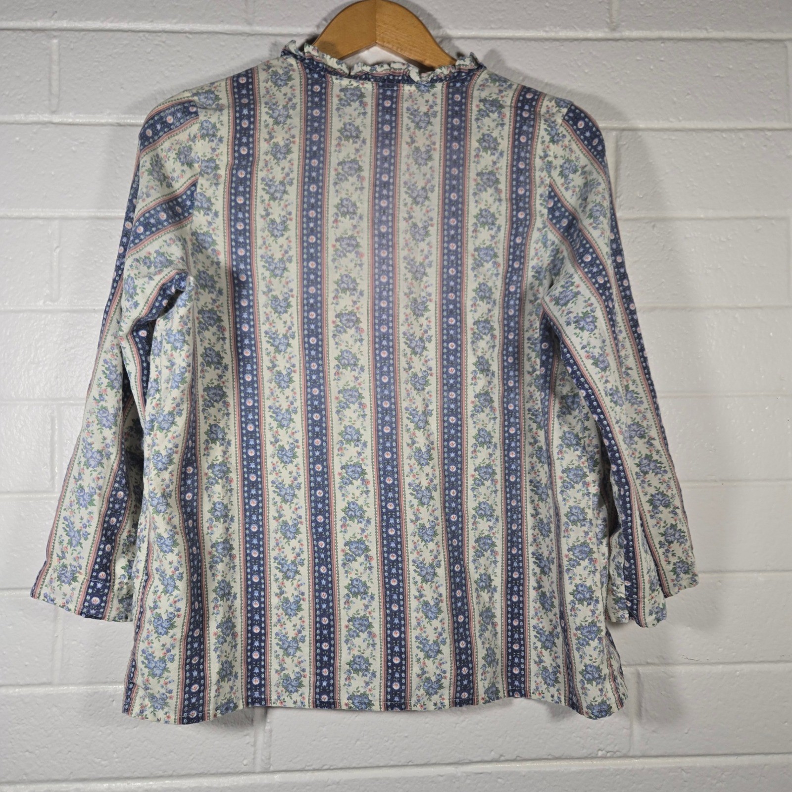 Vtg Retro Peasant Floral Stripe Blouse 40 Blue Ruffle Neck Americana Faded