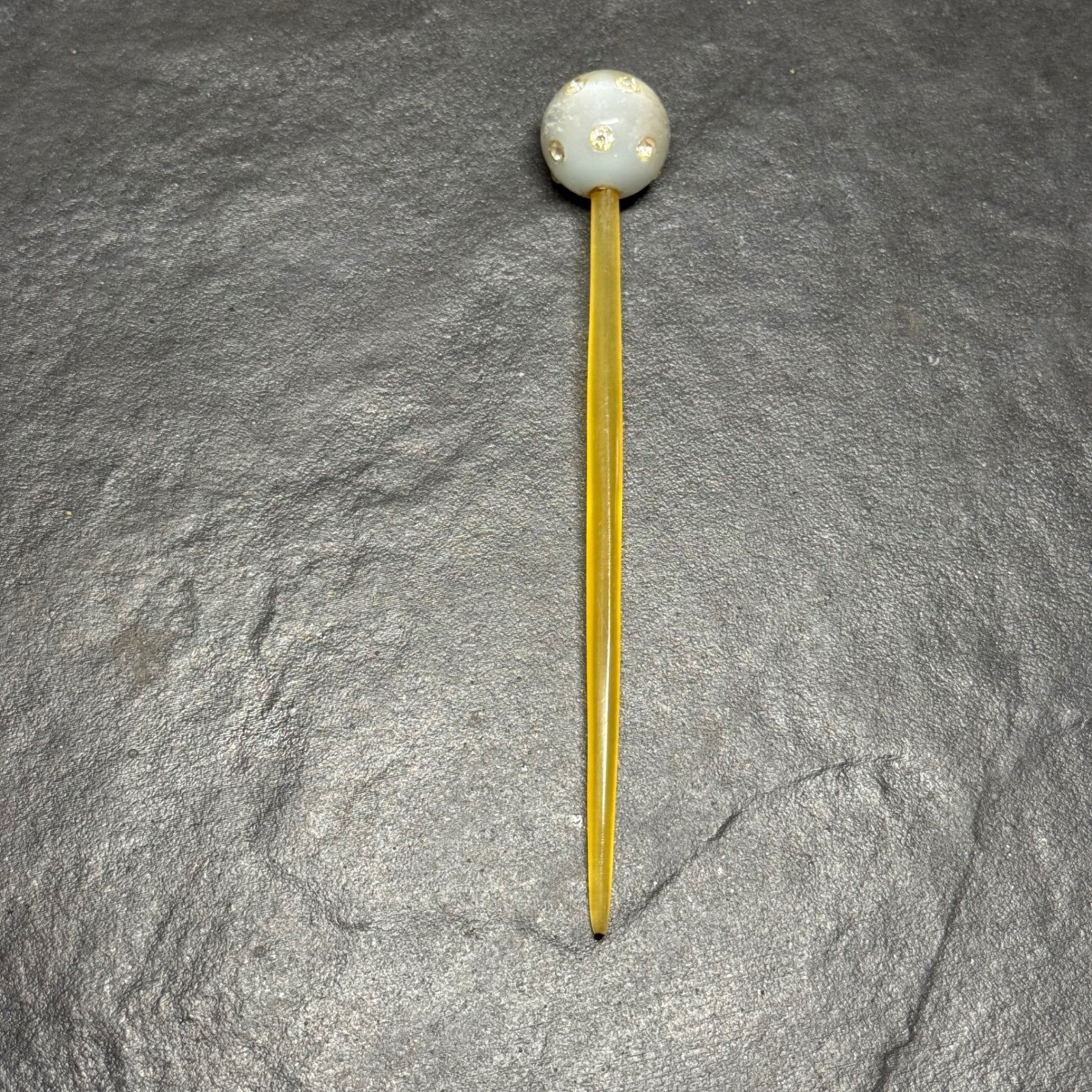 Vintage Amber Celluloid Hat Pin Rhinestone Frosted Orb Topper 4.25″ Flexible