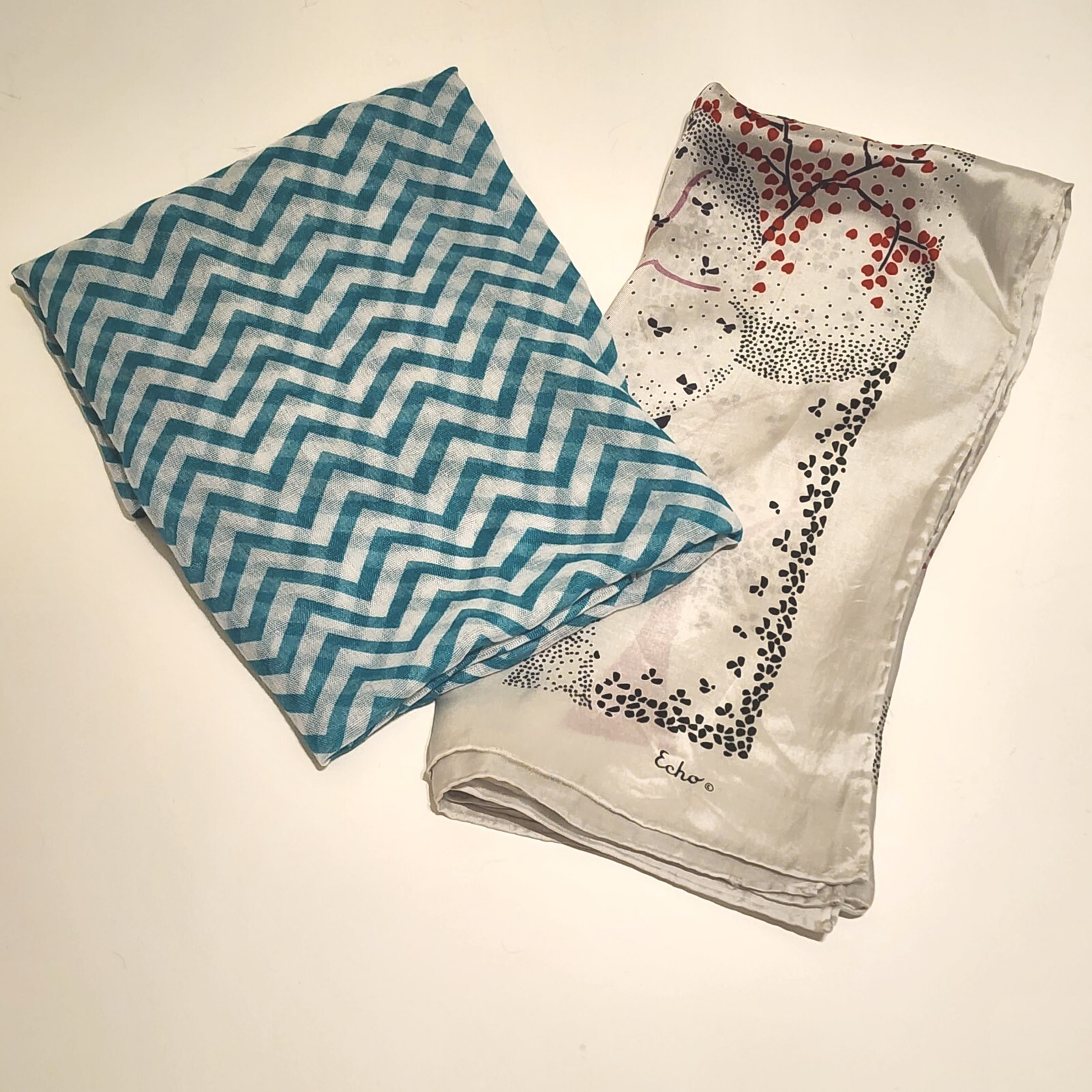 2 Scarves Echo Trees Red Peach Pink (Vintage) & Chevron Aqua White Infinity