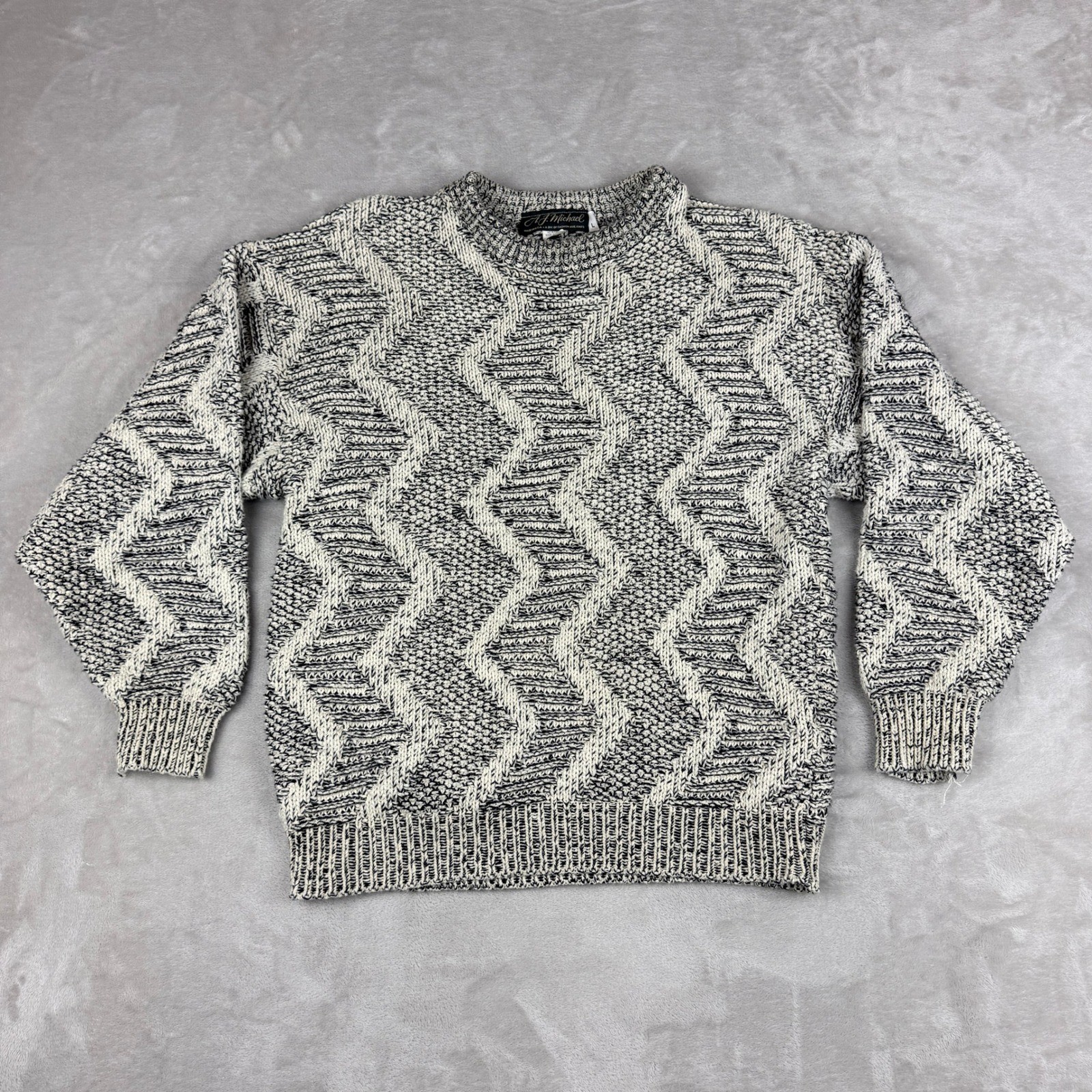 Vintage AJ Michael Cosby Sweater Zig Zag Men L Black Cream Biggie 90s USA Y2K